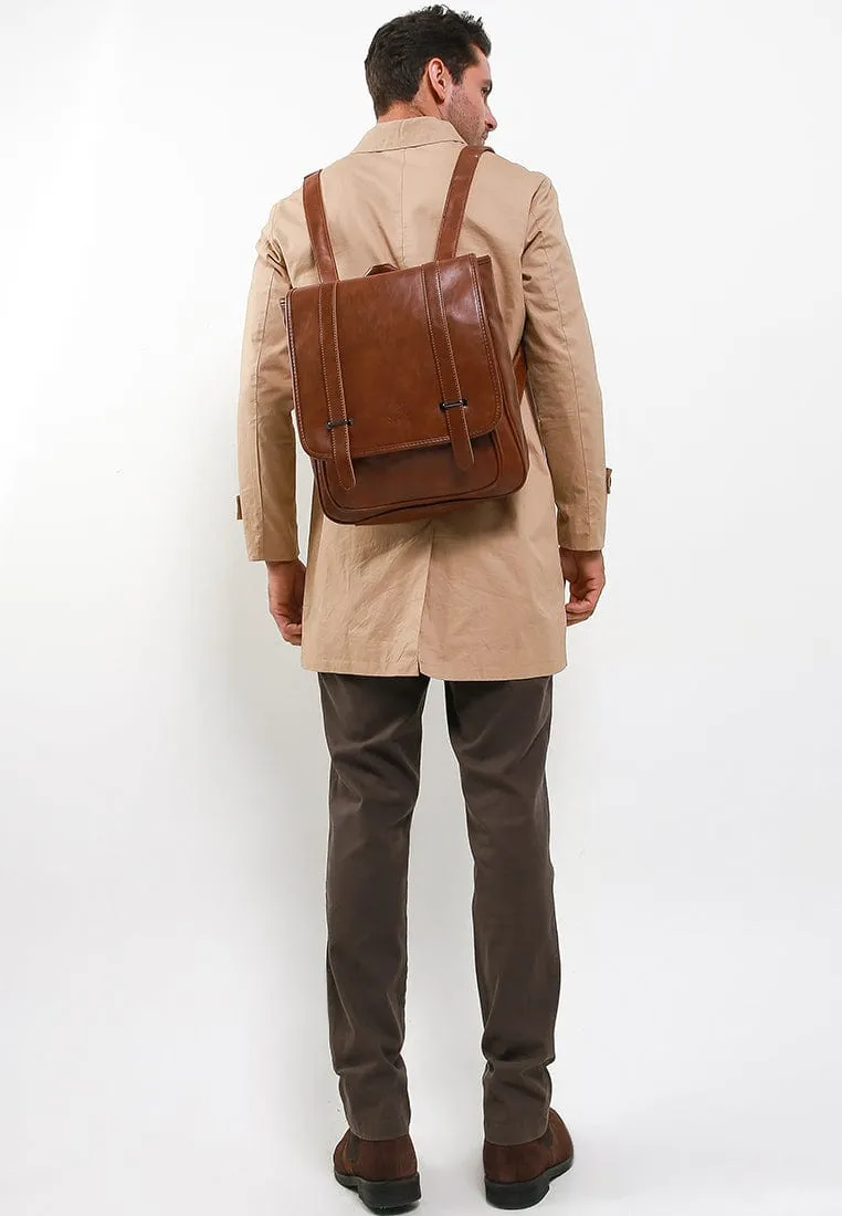 Distressed Leather Commuter Messenger Backpack - Camel