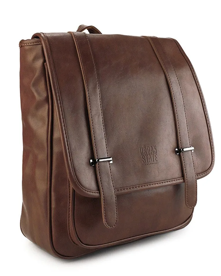 Distressed Leather Commuter Messenger Backpack - Camel