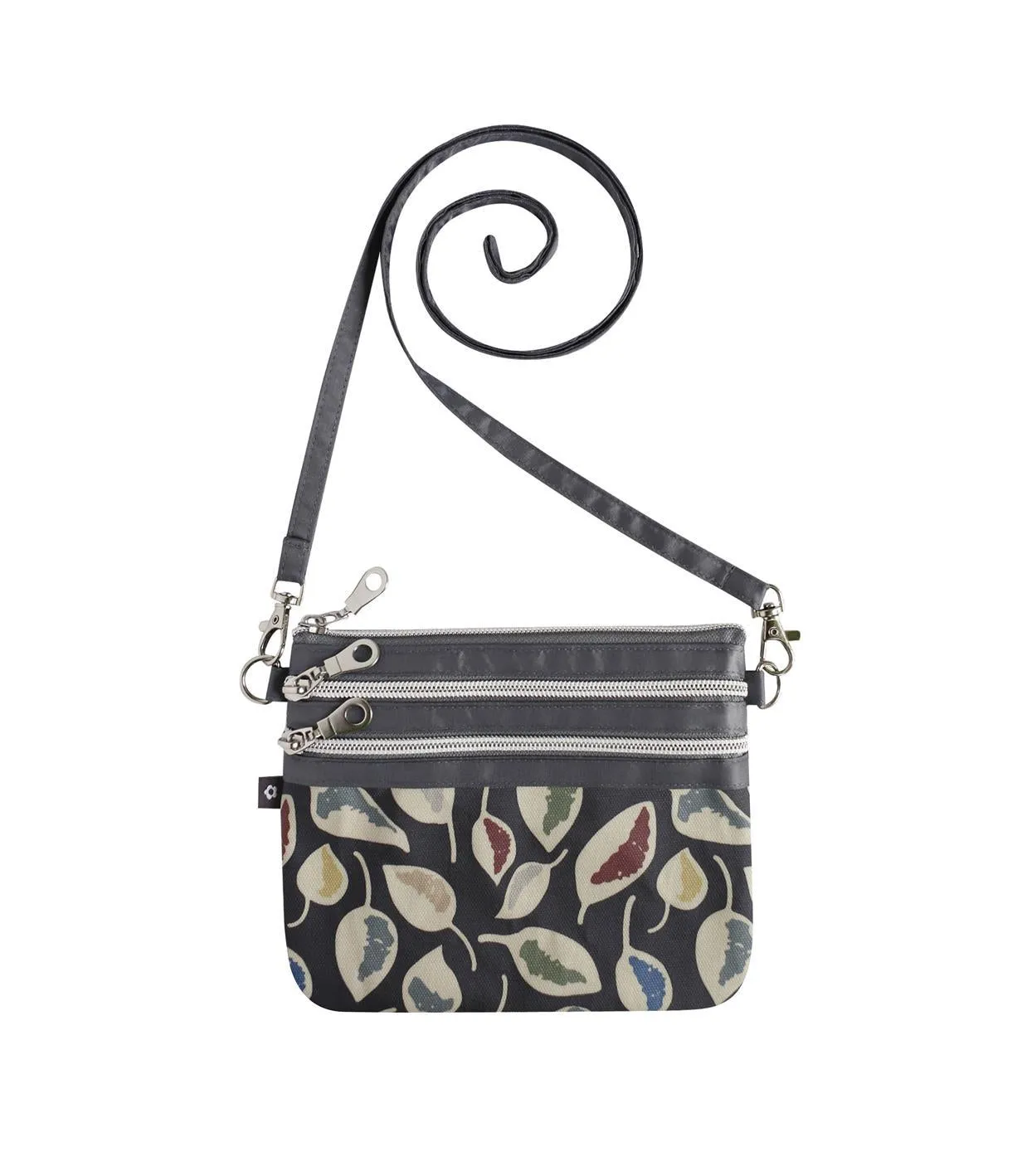 Earth Squared - 3 Zip Pouch Crossbody Bag - Oil Cloth - Berlin - Grey/Leaves - 19x15cms