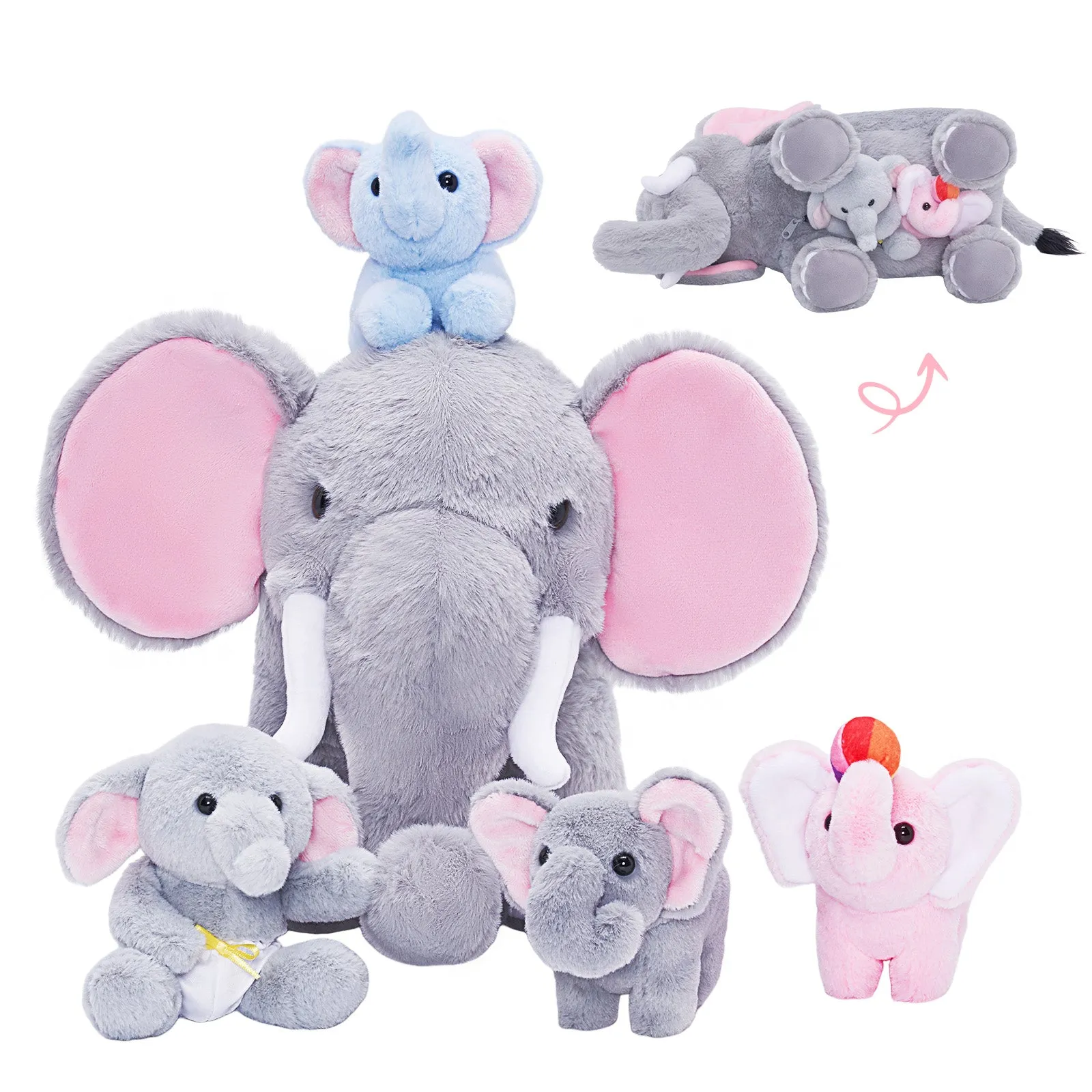 Elephant Mommy Stuffed Animal Plush Toy Set with 4 Babies