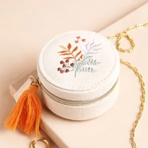 Embroidered Leaves Mini Round Linen Travel Jewelry Case