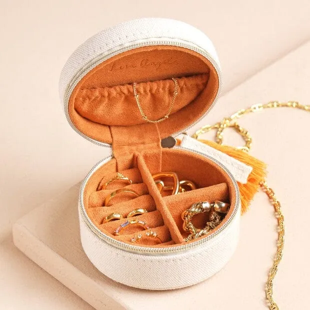 Embroidered Leaves Mini Round Linen Travel Jewelry Case