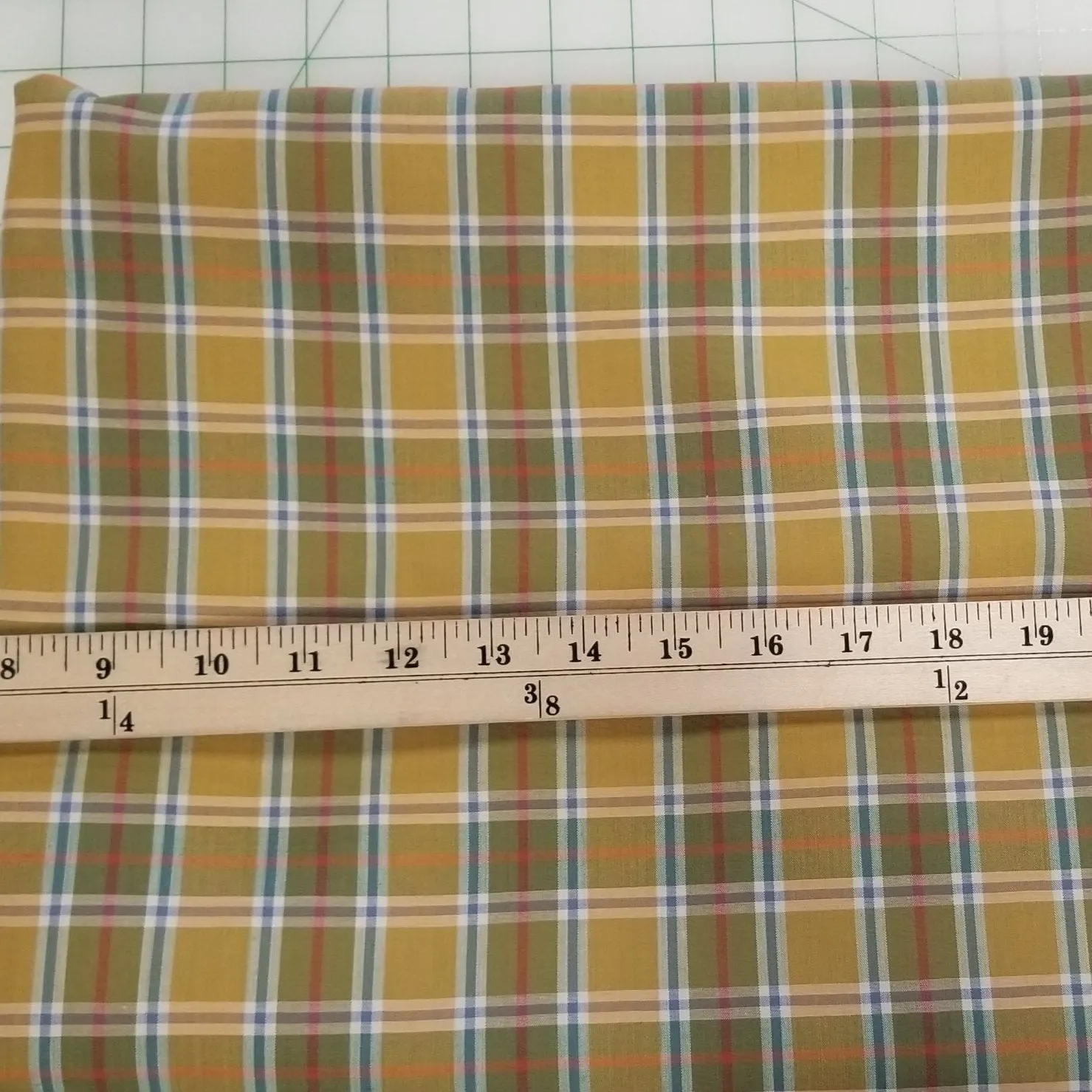 FABRIC SWATCH OF Designer Deadstock European Soft Apparel Yarn Dyed Plaid Muted Orange Yellow and Blue Shirting Woven-SWATCH