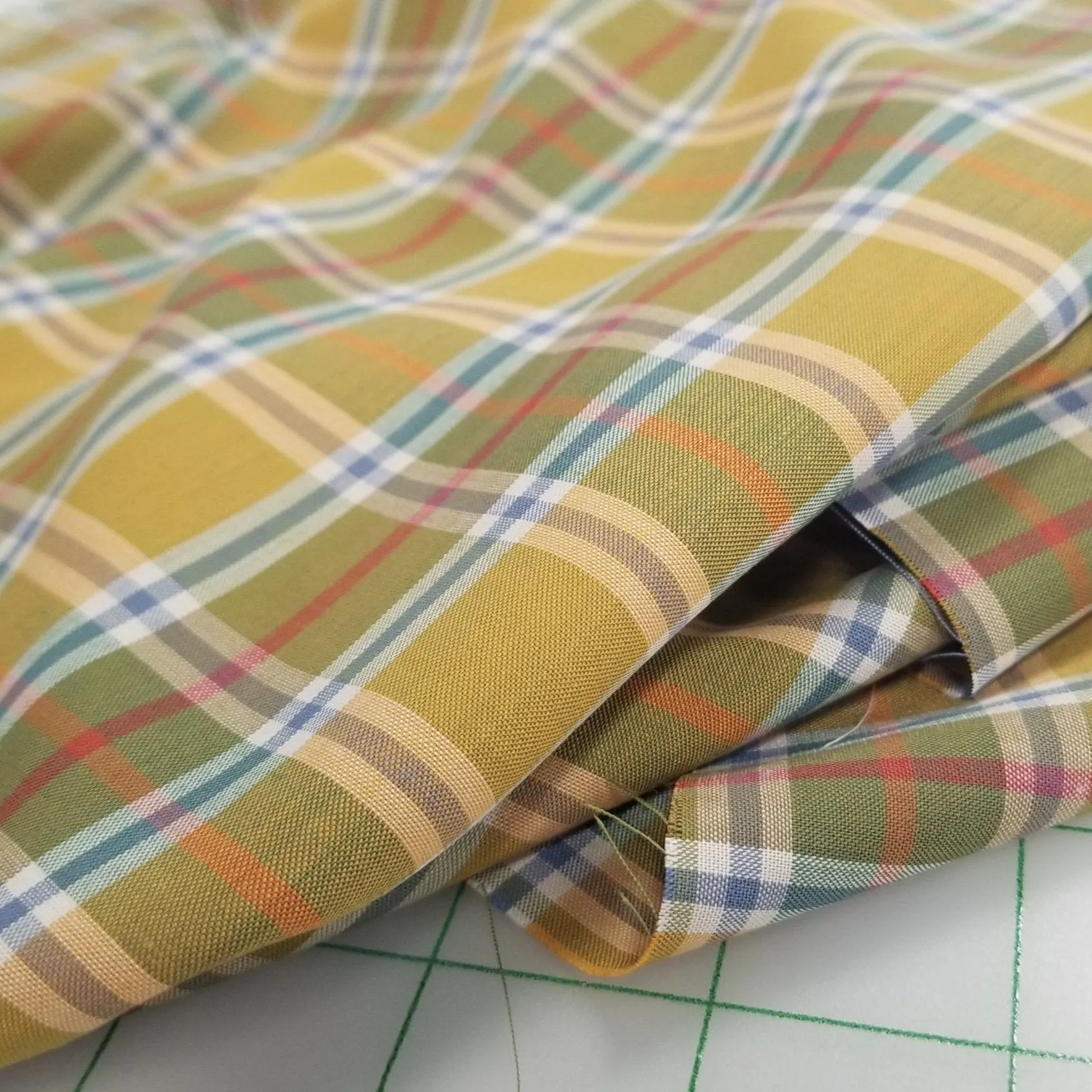 FABRIC SWATCH OF Designer Deadstock European Soft Apparel Yarn Dyed Plaid Muted Orange Yellow and Blue Shirting Woven-SWATCH