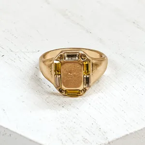 Gold Tone Rectangle Shaped Ring with Mix of Yellow Outline Crystals