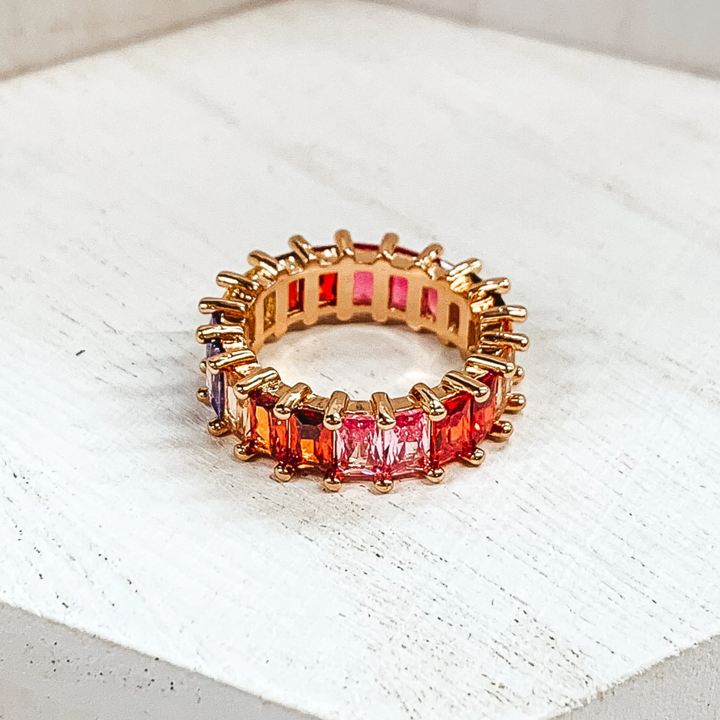 Gold Tone Ring with Baguette Crystals in Garnet Multicolored