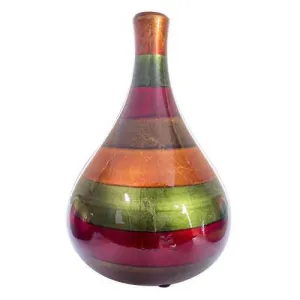 Green Red Brown Ceramic Lacquered Stripe Teardrop Bud Vase