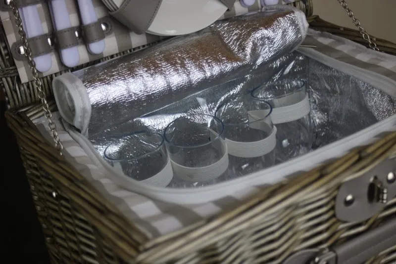 Grey Checked Wicker Picnic Basket with Cooler