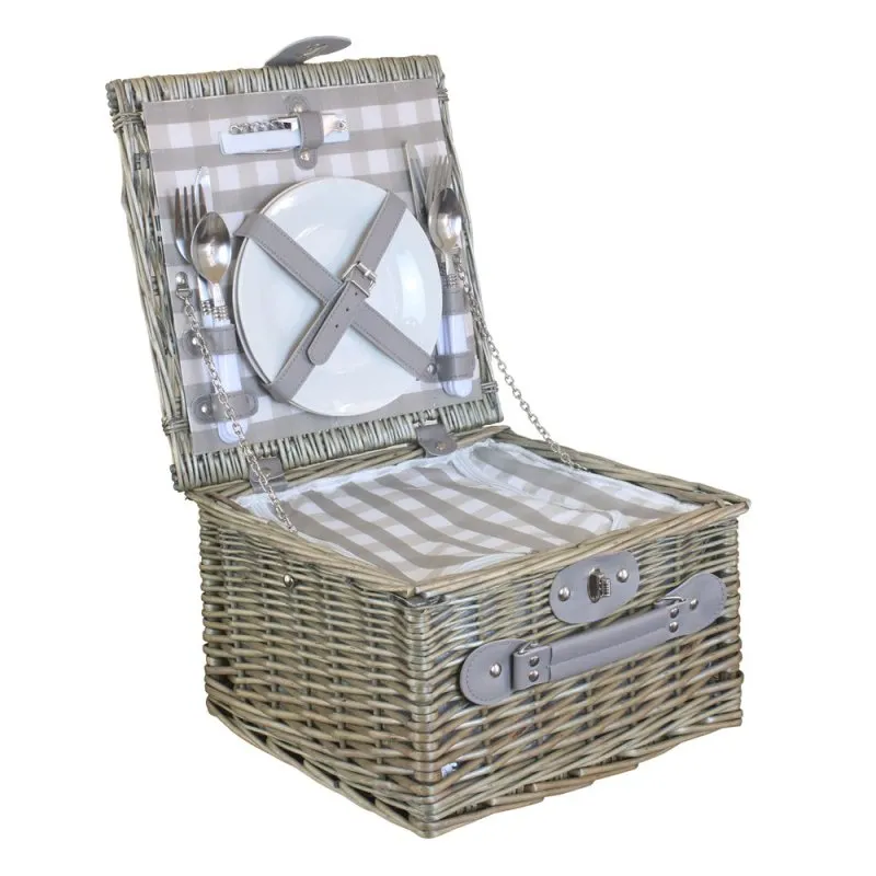 Grey Checked Wicker Picnic Basket with Cooler