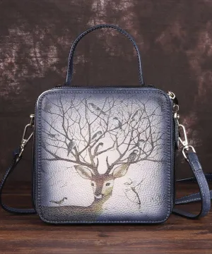 Handmade Grey Print Paitings Calf Leather Tote Handbag