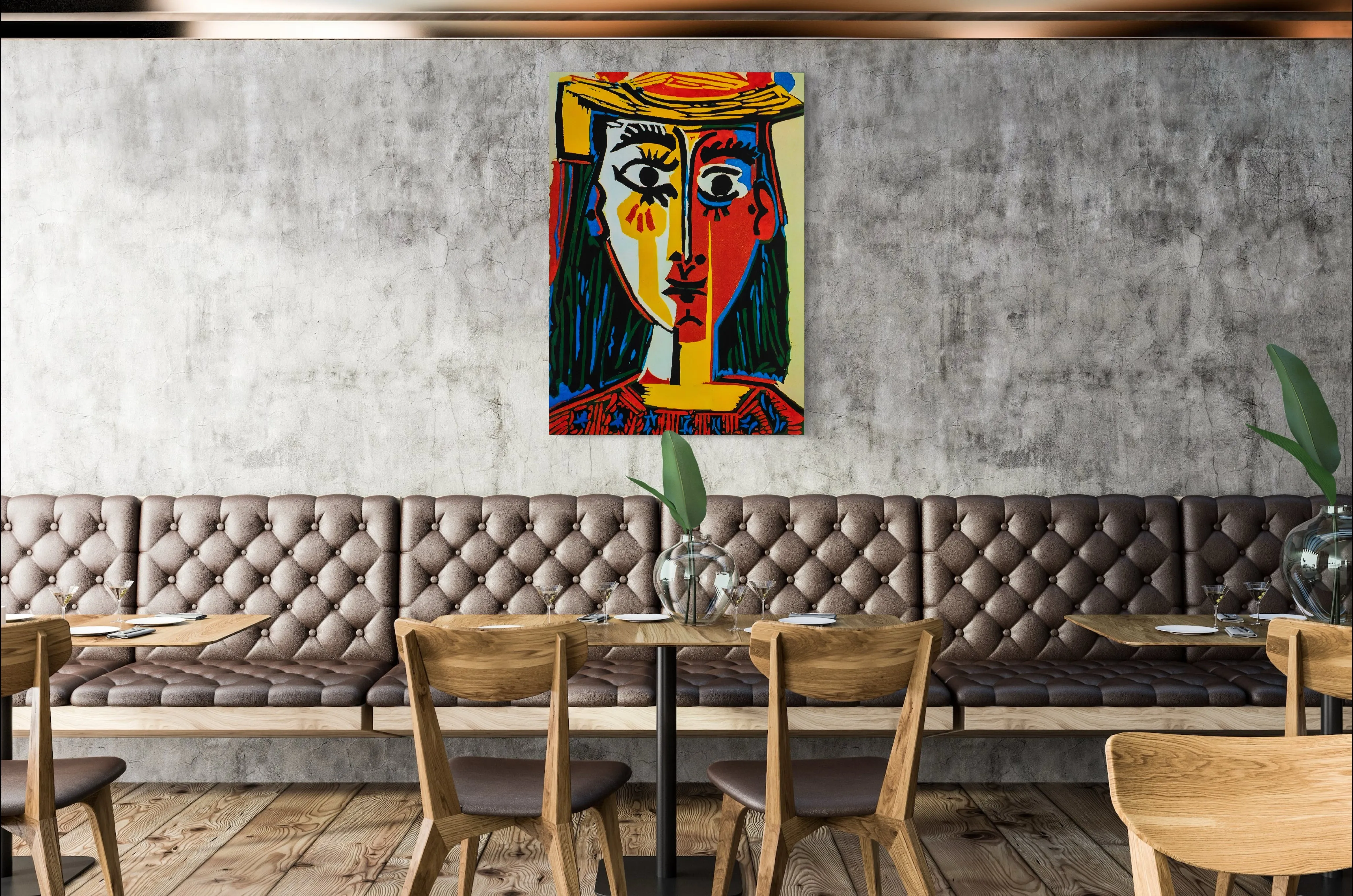 Head of a Woman in a Hat - Painted by Pablo Picasso - Circa. 1960. High Quality Polyester Cotton Canvas Print. Rolled Canvas Available in 3 Sizes - Small, Medium, or Large. Stretched Canvas Option Available in One (1) Large Size - 70cm x 100cm.