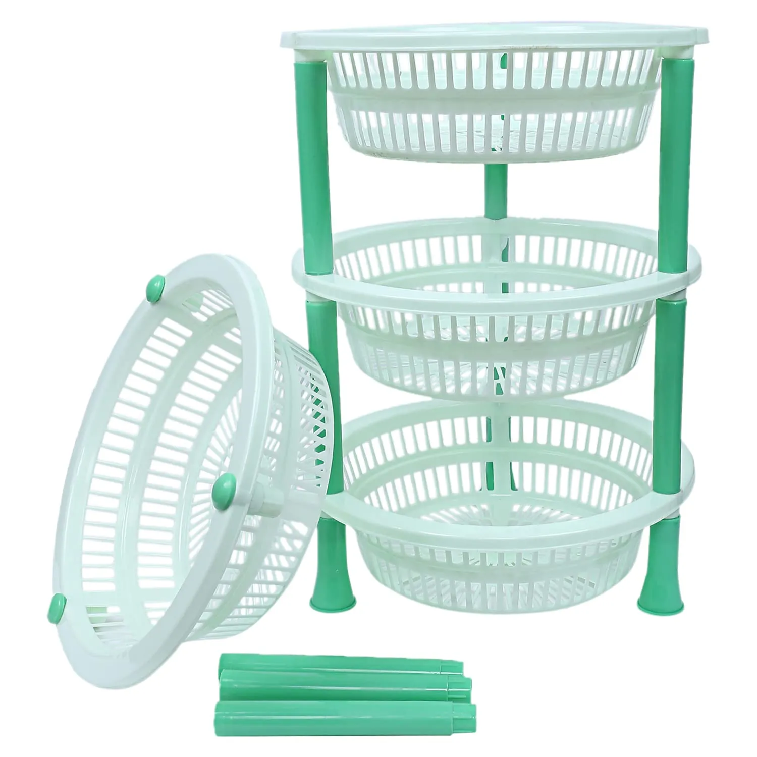 Heart Home Multiuses 4-Tier Round Plastic Storage Basket/Organizer for Kitchen, Laundry Room, Bathroom, Office (Green)-50HH01716