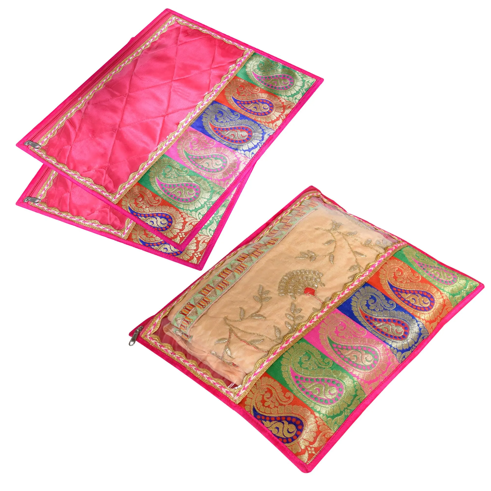 Heart Home Saree Cover | Clothes Storage Bag | Single Packing Saree with Zip Closure | Wardrobe Organizer | Cloth Stoarge Organizer | Carry Half Lace Transparent | Pack of 3 | Pink