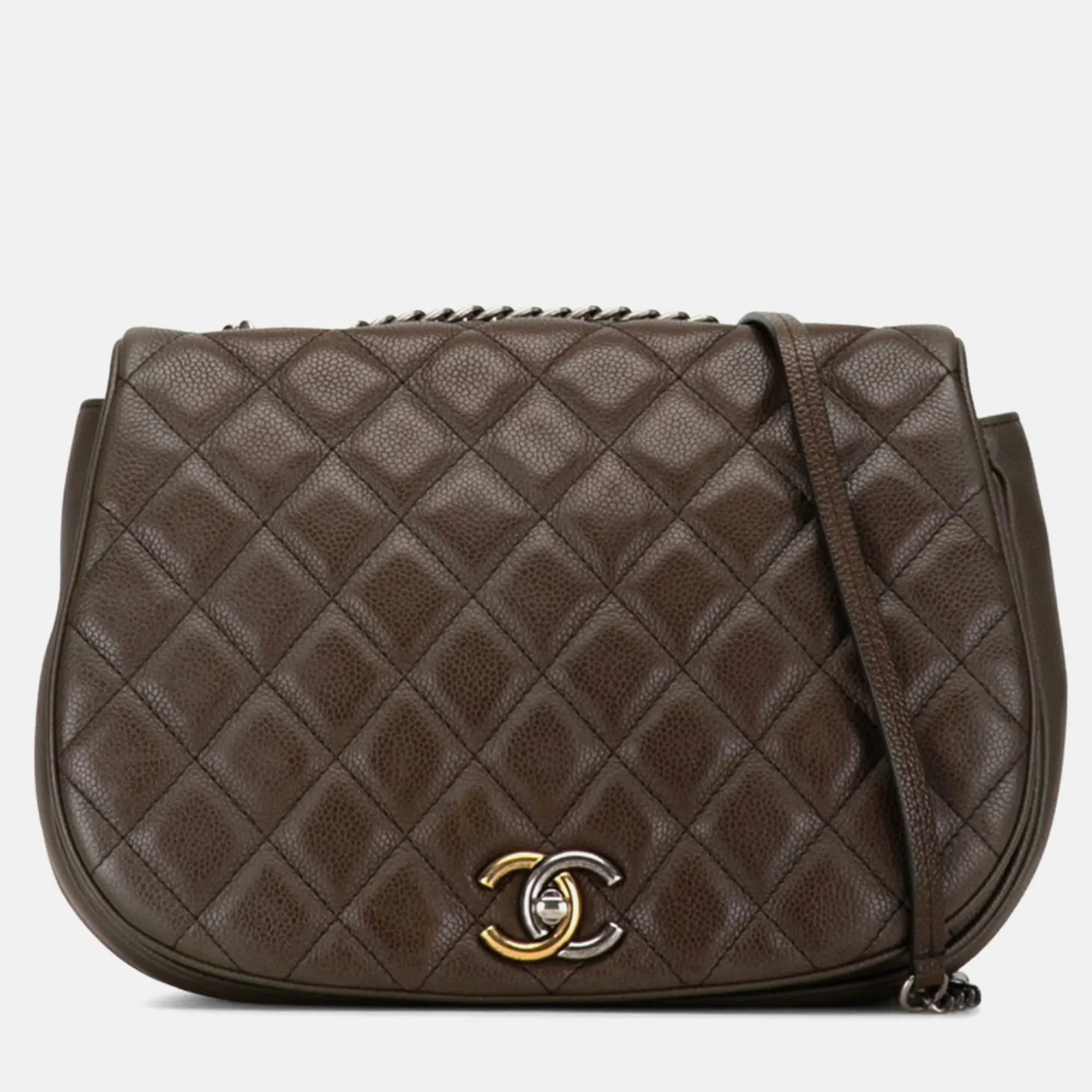 Khaki Grey Caviar Quilted Casual Pocket Messenger Flap Bag