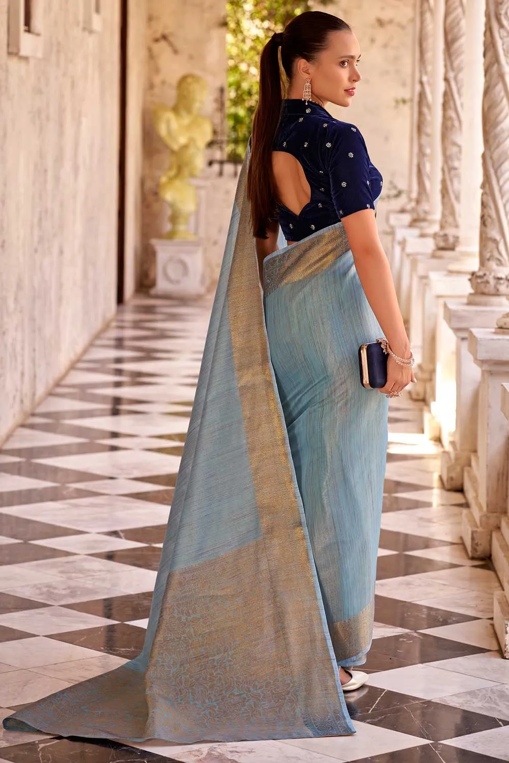 Light Cyan Color Gorgeous Fancy Linen Saree With Velvet Blouse