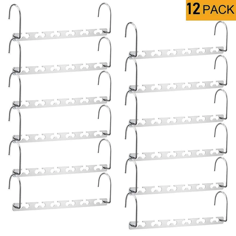 MeetU Space Saving Hangers Wonder Multifunctional Clothes Hangers Stainless Steel 6X2 Slots Magic Hanger Cascading Hanger Updated Hook Design Closet Organizer Hanger (Pack of 12)