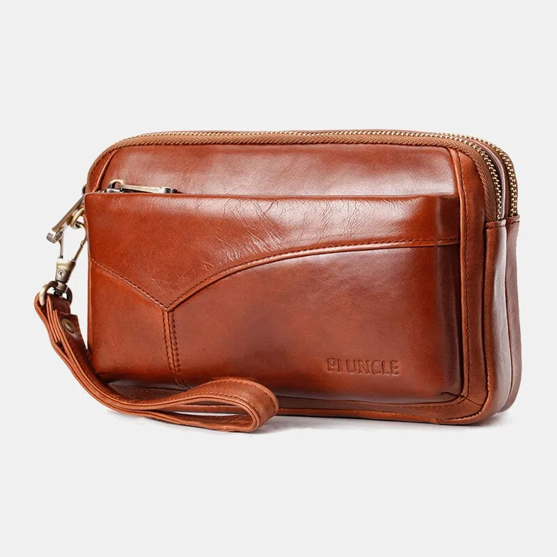 Men First Layer Cowhide Multi-pocket Horizontal Clutch Bags Retro Large Capacity 6.5 Inch Phone Bag