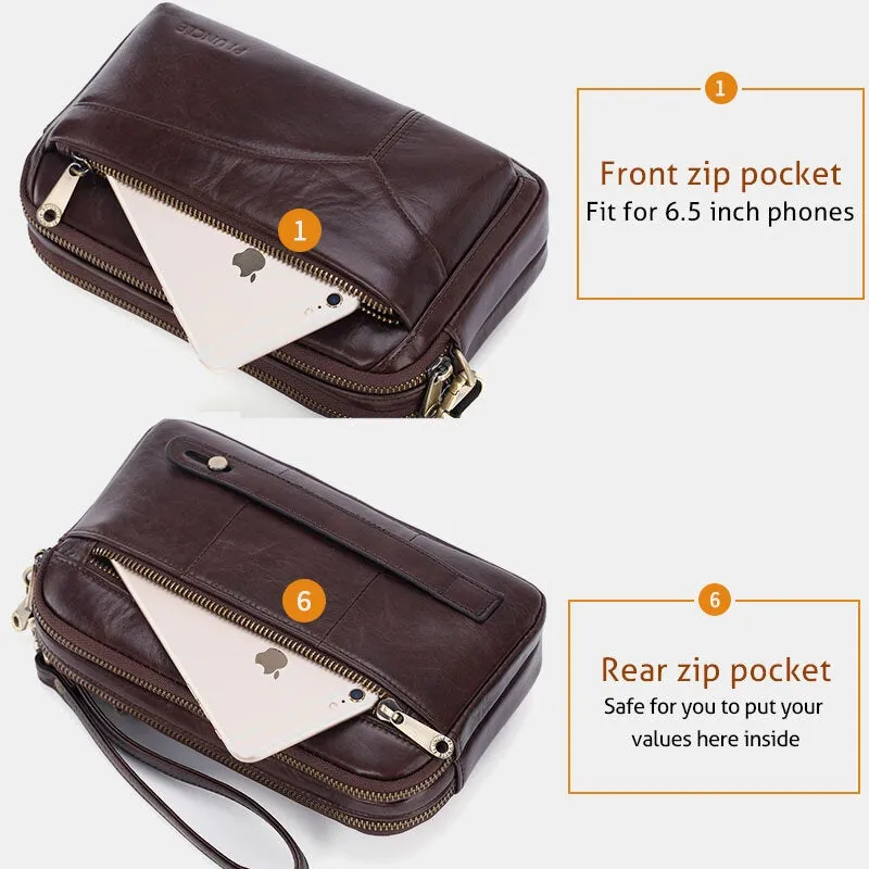 Men First Layer Cowhide Multi-pocket Horizontal Clutch Bags Retro Large Capacity 6.5 Inch Phone Bag