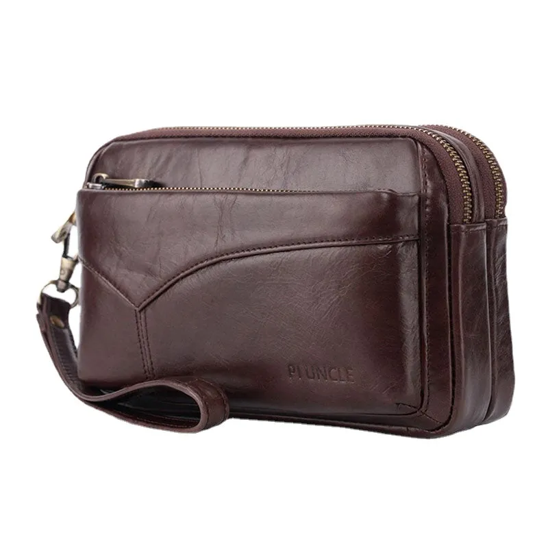 Men First Layer Cowhide Multi-pocket Horizontal Clutch Bags Retro Large Capacity 6.5 Inch Phone Bag