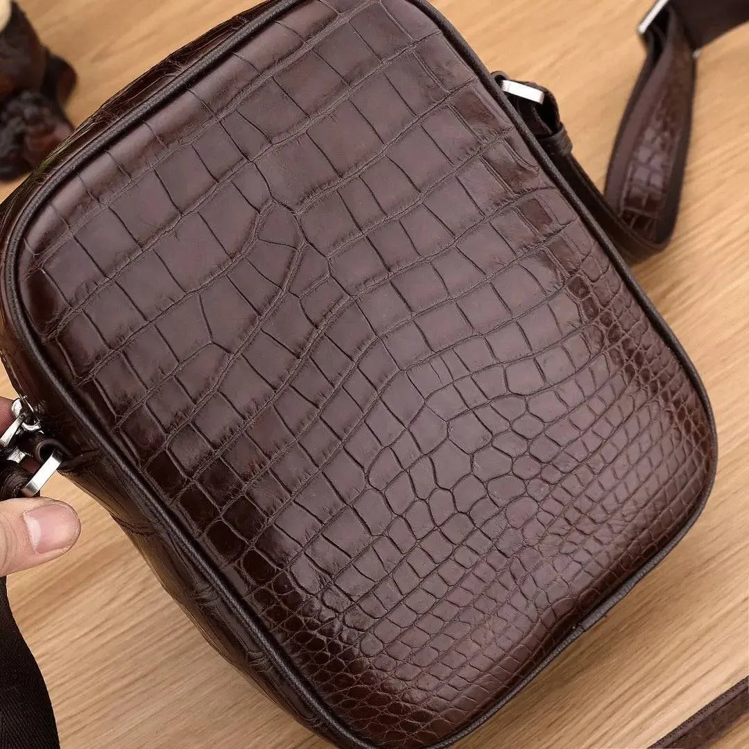 Men's Genuine Crocodile Leather Small Cross body Messenger Bag Brown