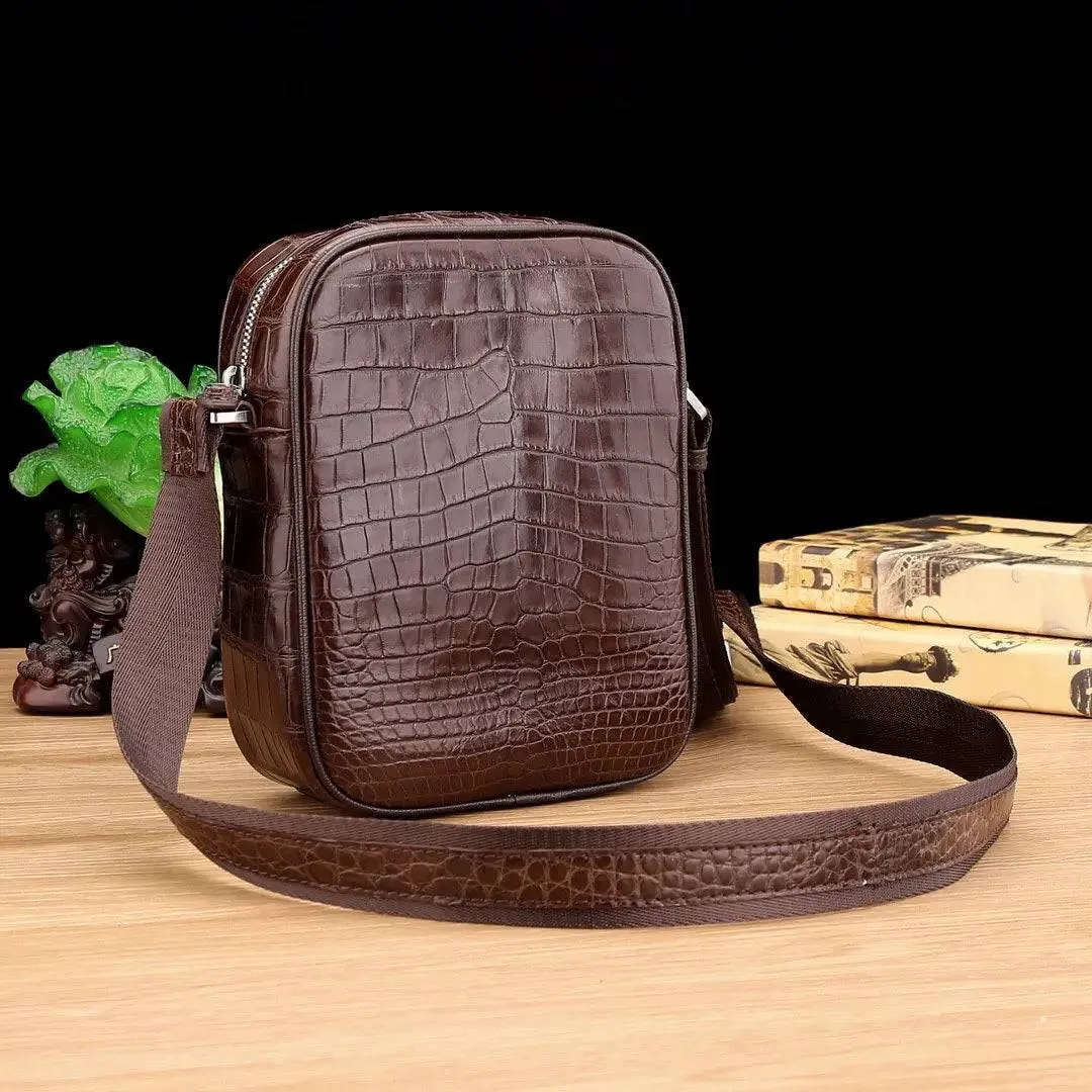 Men's Genuine Crocodile Leather Small Cross body Messenger Bag Brown