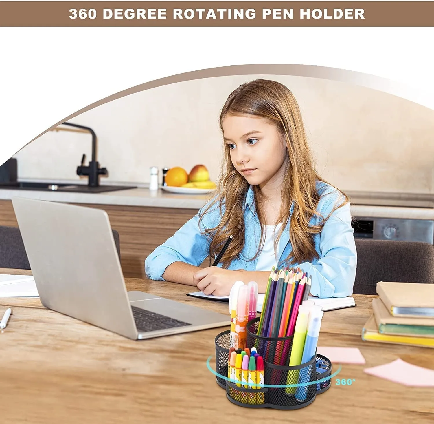 Mesh Pen Holder for Desk, 360-Degree Rotating Desk Organizer Pencil Holder with 7 Compartments, Metal Stationary Organizer, Large Desktop Supply Caddy Organizer for Office School Art