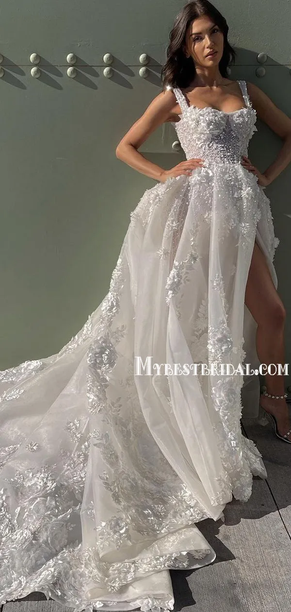 Newest Spaghetti Straps A-line Lace Appliques Side Slit Wedding Dresses,WDS0122