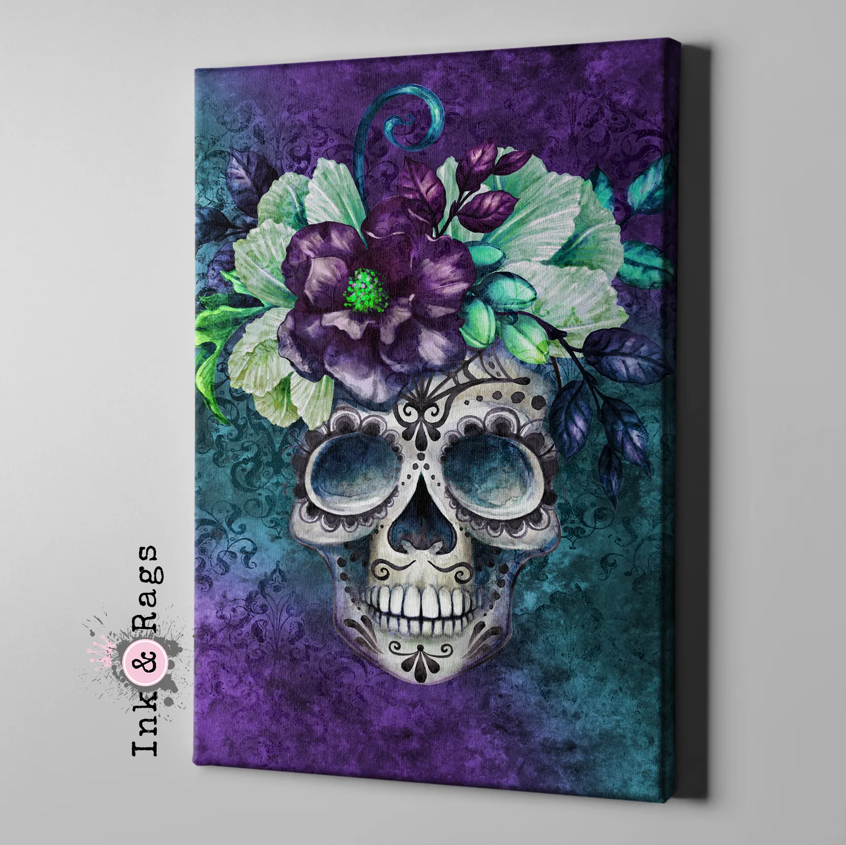 Purple and Teal Webbed Sugar Skull and Flower Gallery Wrapped Canvas