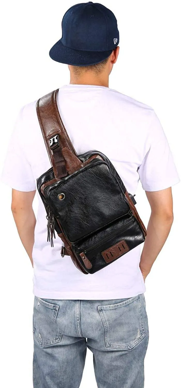 QCXPRO™ Men's Crossbody Sling Chest Bag - Faux Leather, iPad Tablet, USB Shoulder Bag