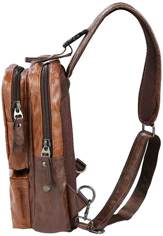 QCXPRO™ Men's Crossbody Sling Chest Bag - Faux Leather, iPad Tablet, USB Shoulder Bag