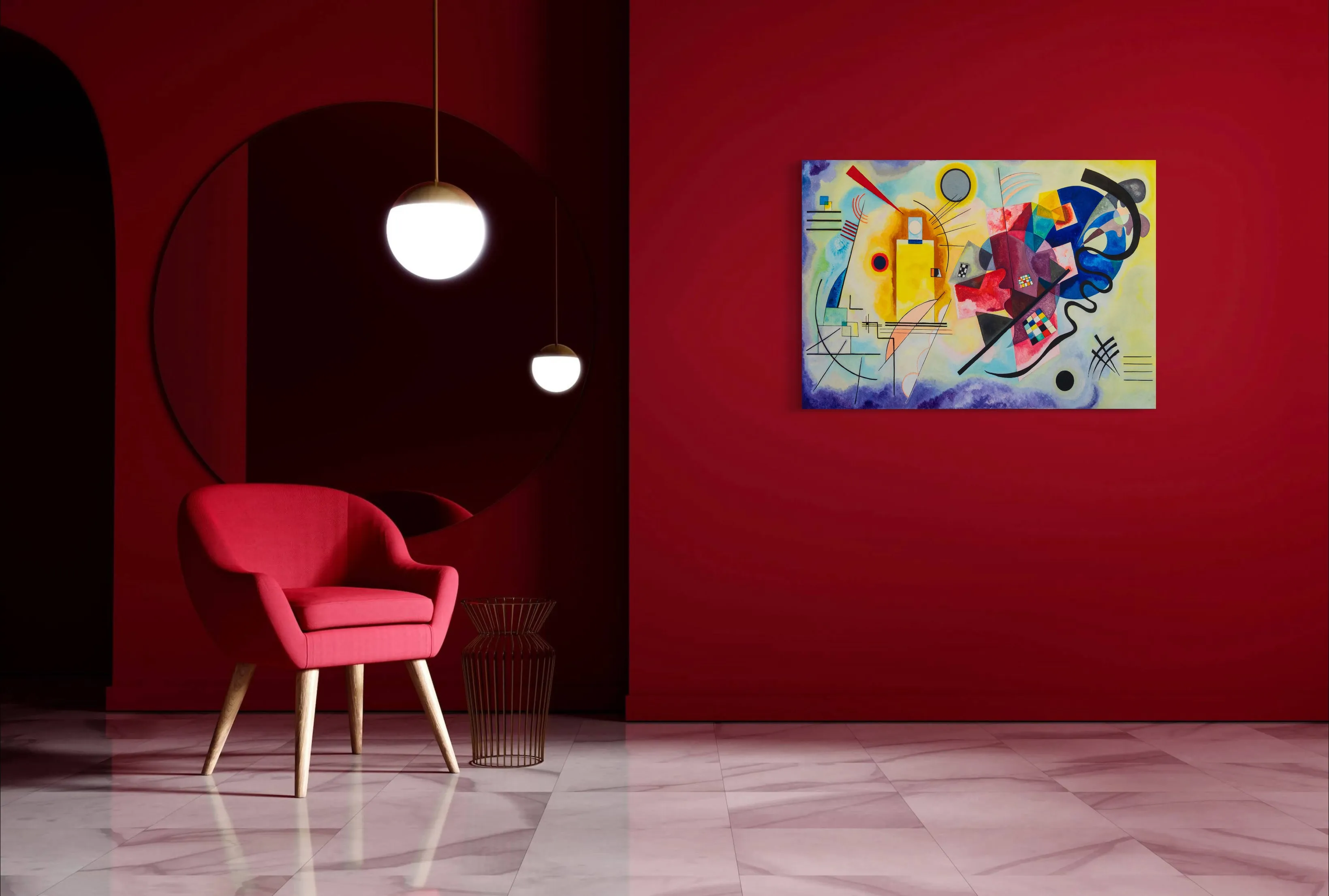 Red, Blue - Painted by Wassily Kandinsky- Circa. 1925. High Quality Polyester Cotton Canvas Print. Rolled Canvas Available in 4 Sizes - Small, Medium, or X Large. Stretched Canvas Option Available in One (1) Large Size - 70cm.