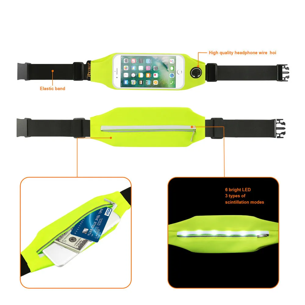 Reiko REIKO RUNNING SPORT BELT FOR IPHONE 7 PLUS/ 6S PLUS OR 5.5 INCHES DEVICE WITH TWO POCKETS AND LED IN GREEN (5.5x5.5 INCHES)