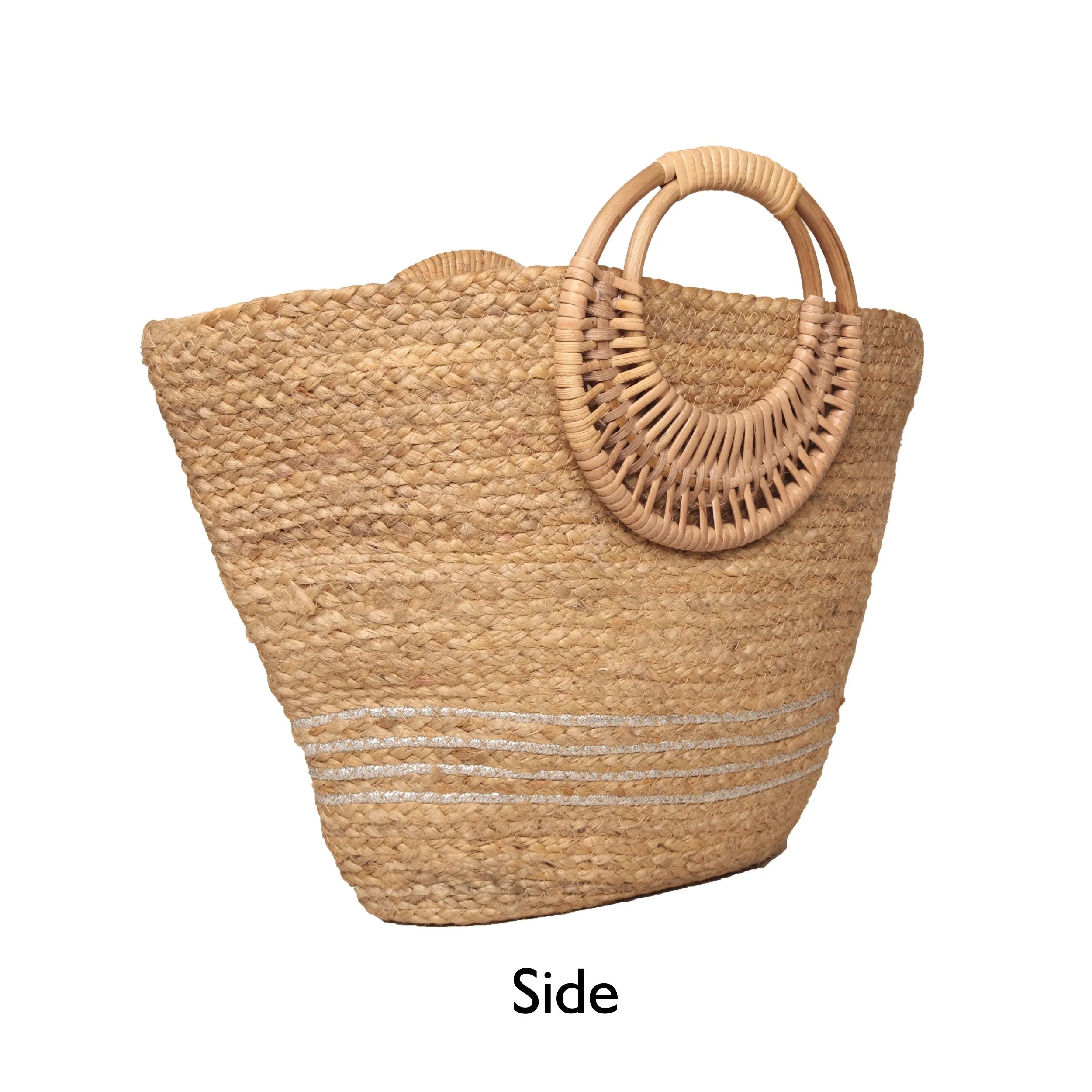 Silver Natural Braided Jute Bag With Wicker Handle