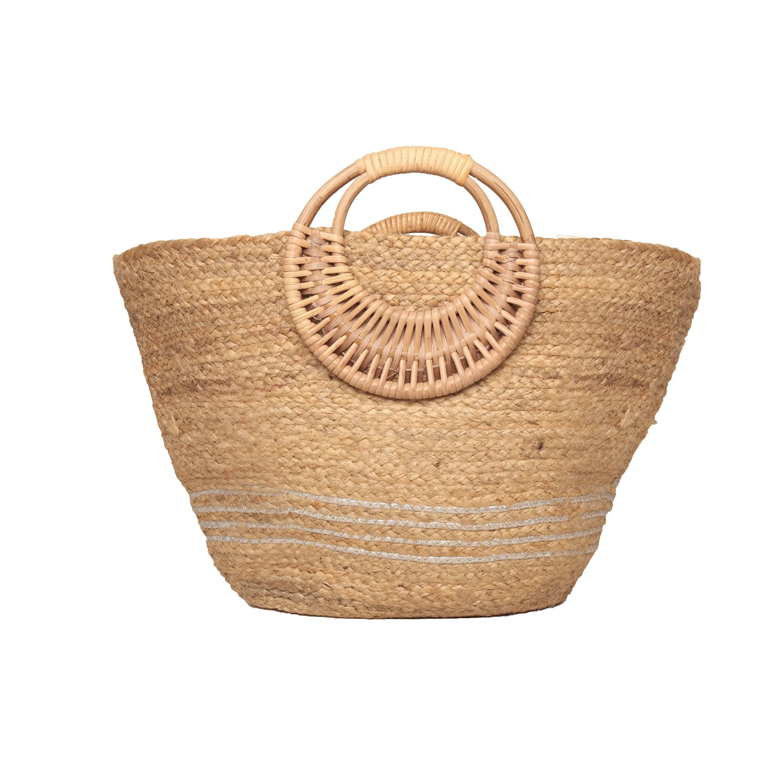 Silver Natural Braided Jute Bag With Wicker Handle