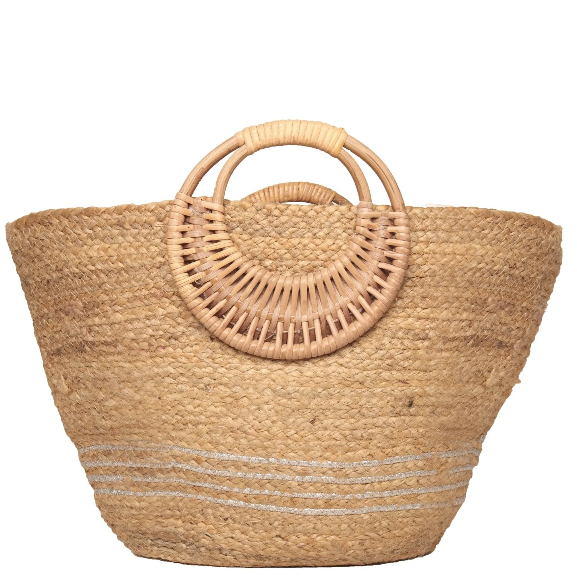 Silver Natural Braided Jute Bag With Wicker Handle