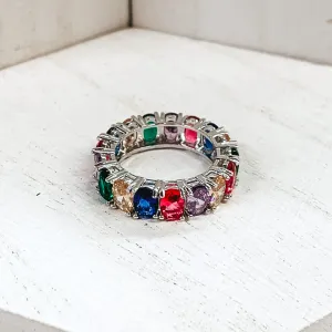 Silver Tone Ring with Oval CZ Crystals in Multicolored