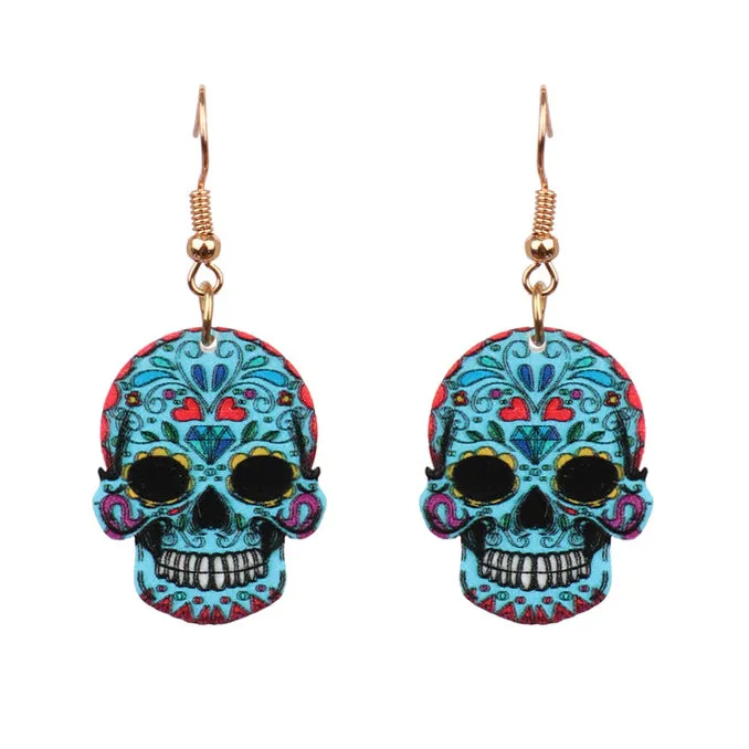 Skull Design Halloween Printed Light Blue Earrings