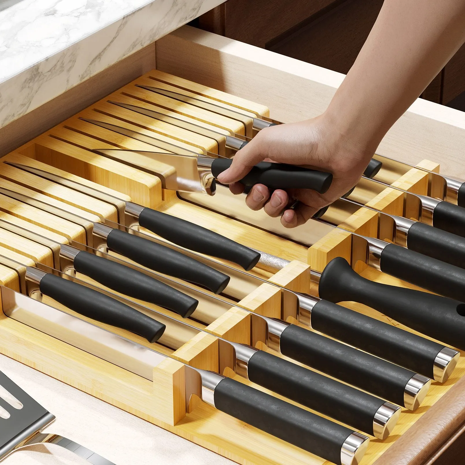 SpaceAid Bamboo Knife Drawer Organizer Insert Holder with 16 Knife Slots and 1 Sharpener Slot