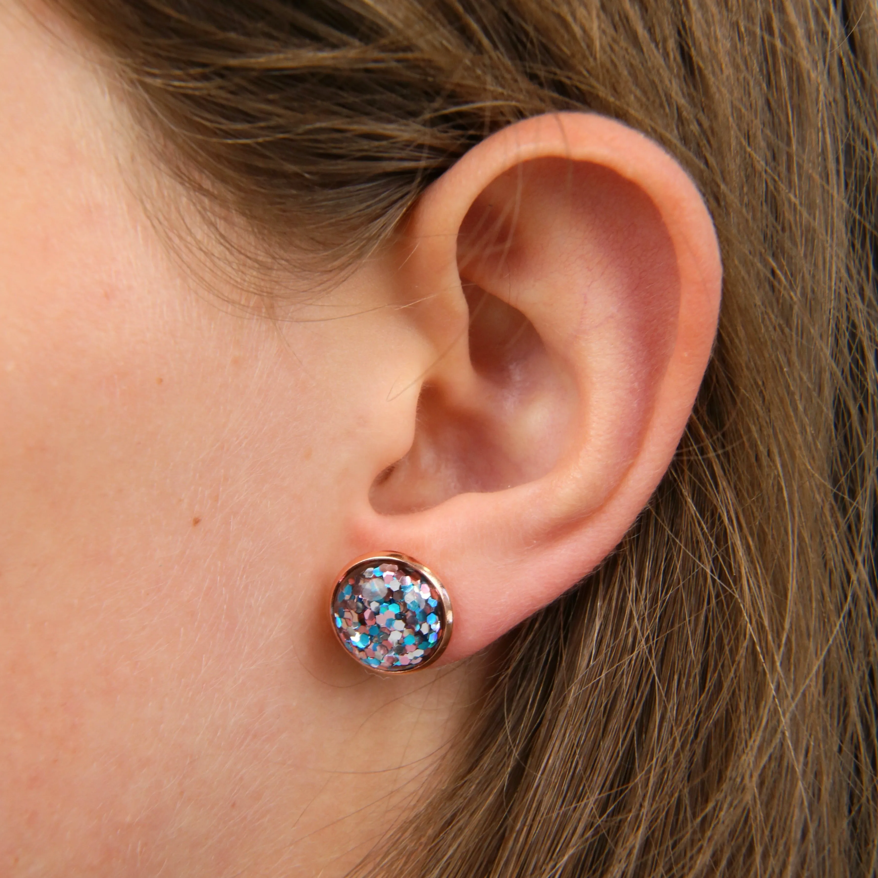 SPARKLEFEST - Shine Bright - Rose Gold 12mm Circle Studs- Flossy Glitter Resin (11653)