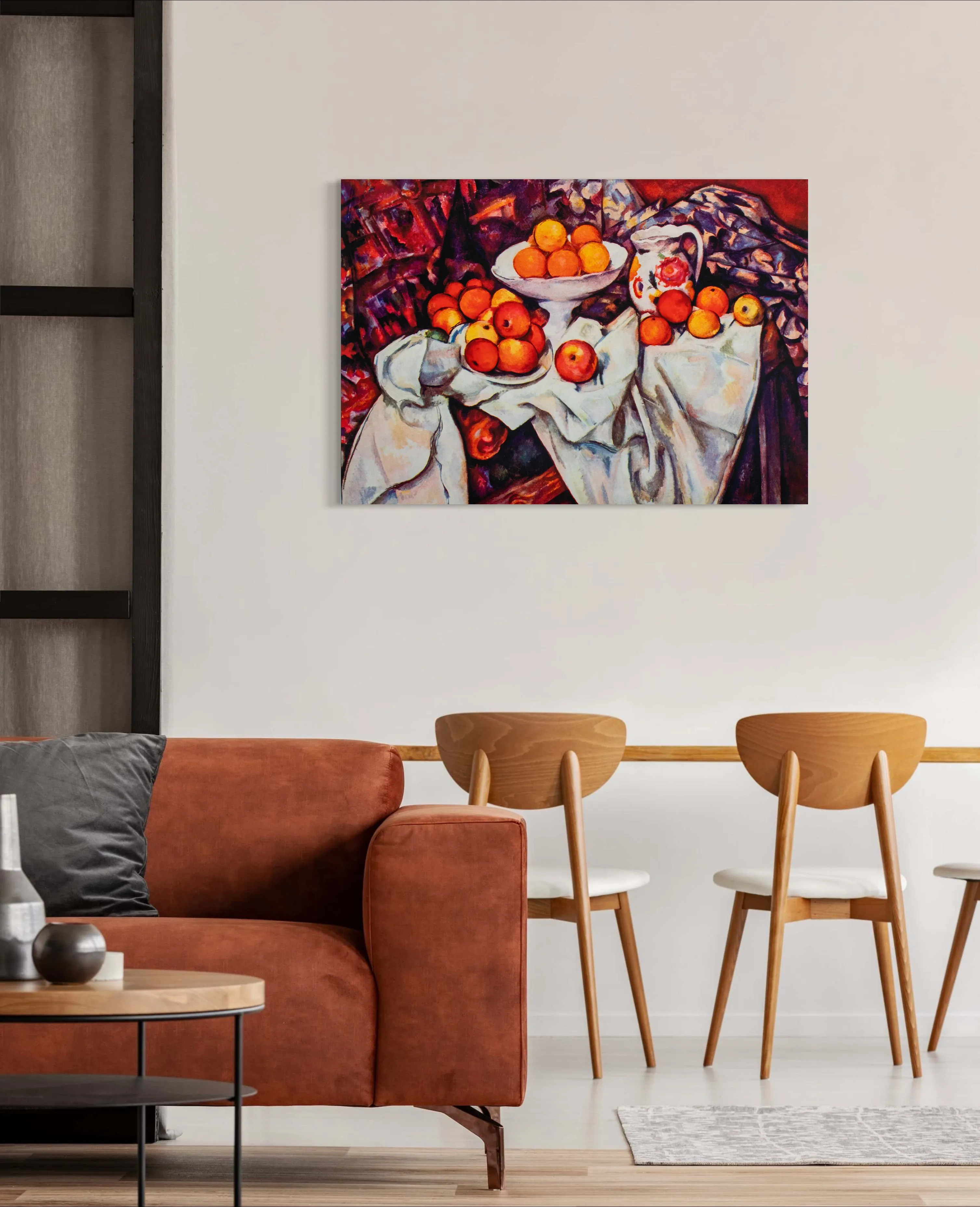 Still Life with Apples and Oranges - Painted by Paul Cezzane - Circa. 1884. High Quality Polyester Cotton Canvas Print. Ready to be Framed or Mounted. Available in 3 Sizes - Small - Medium or Large.