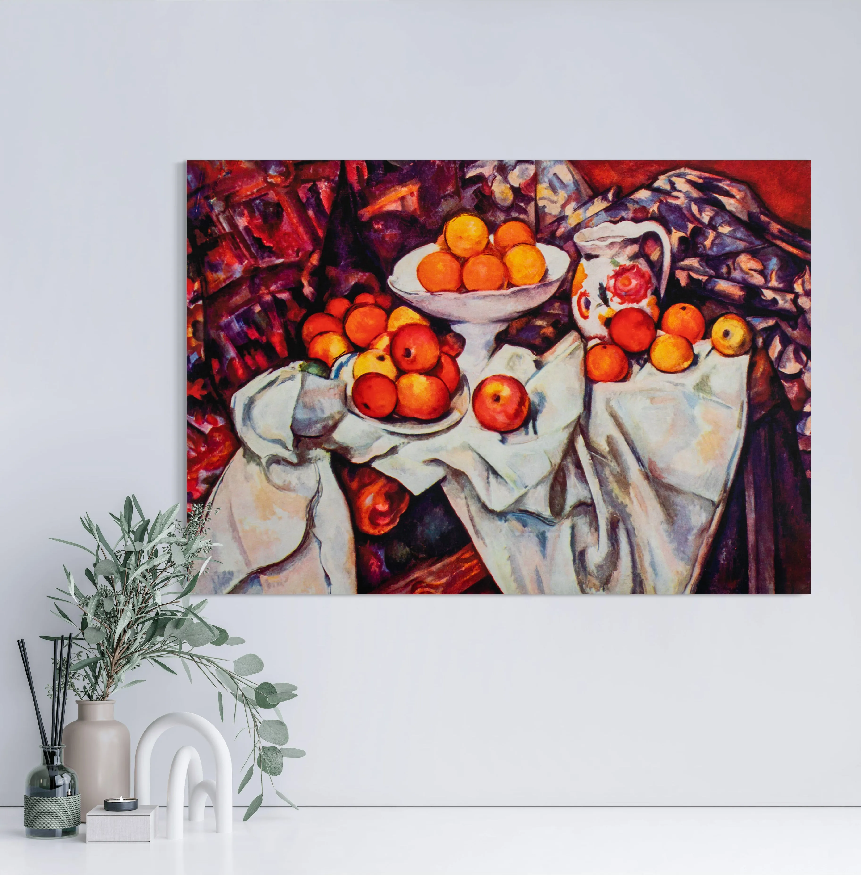 Still Life with Apples and Oranges - Painted by Paul Cezzane - Circa. 1884. High Quality Polyester Cotton Canvas Print. Ready to be Framed or Mounted. Available in 3 Sizes - Small - Medium or Large.