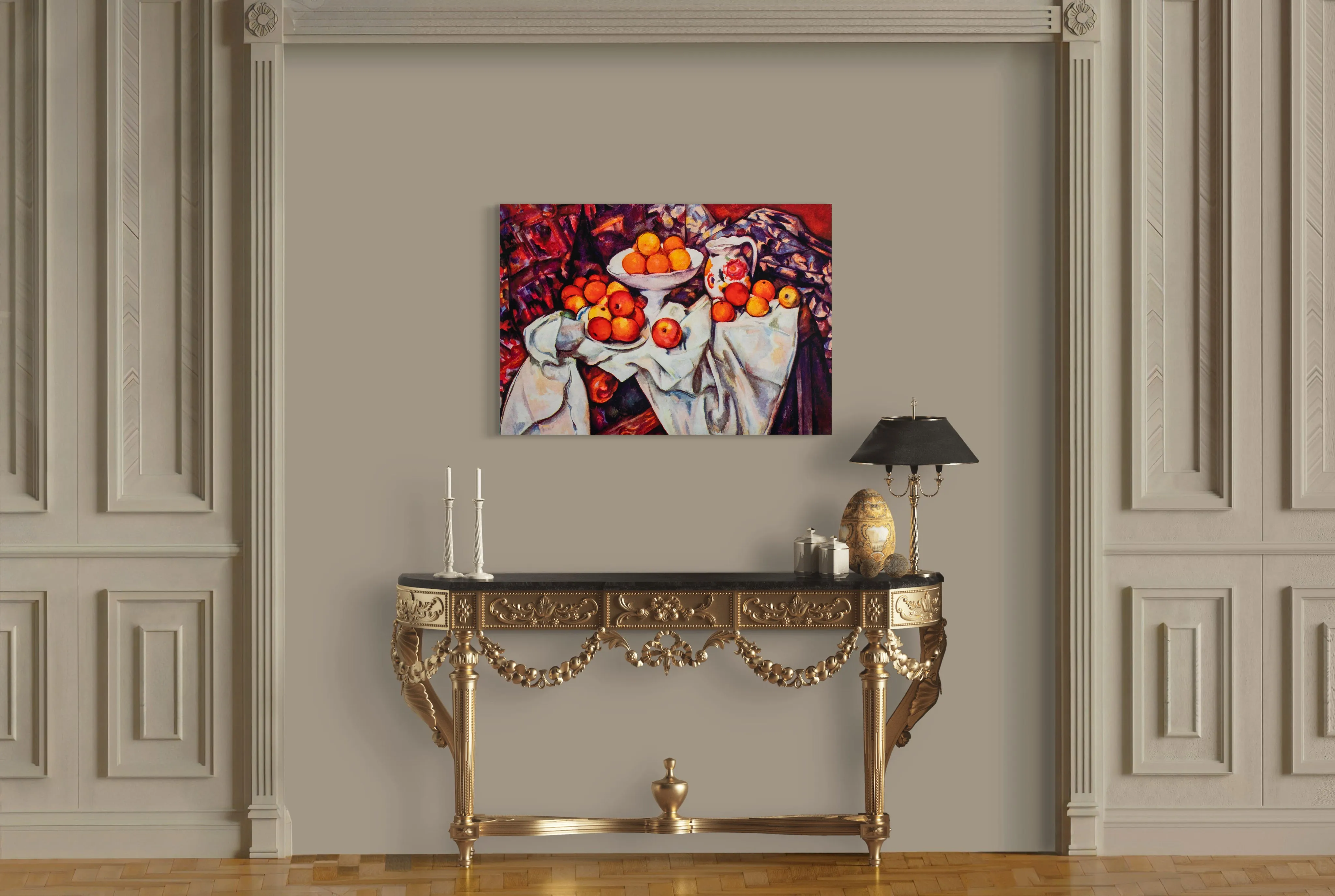 Still Life with Apples and Oranges - Painted by Paul Cezzane - Circa. 1884. High Quality Polyester Cotton Canvas Print. Ready to be Framed or Mounted. Available in 3 Sizes - Small - Medium or Large.