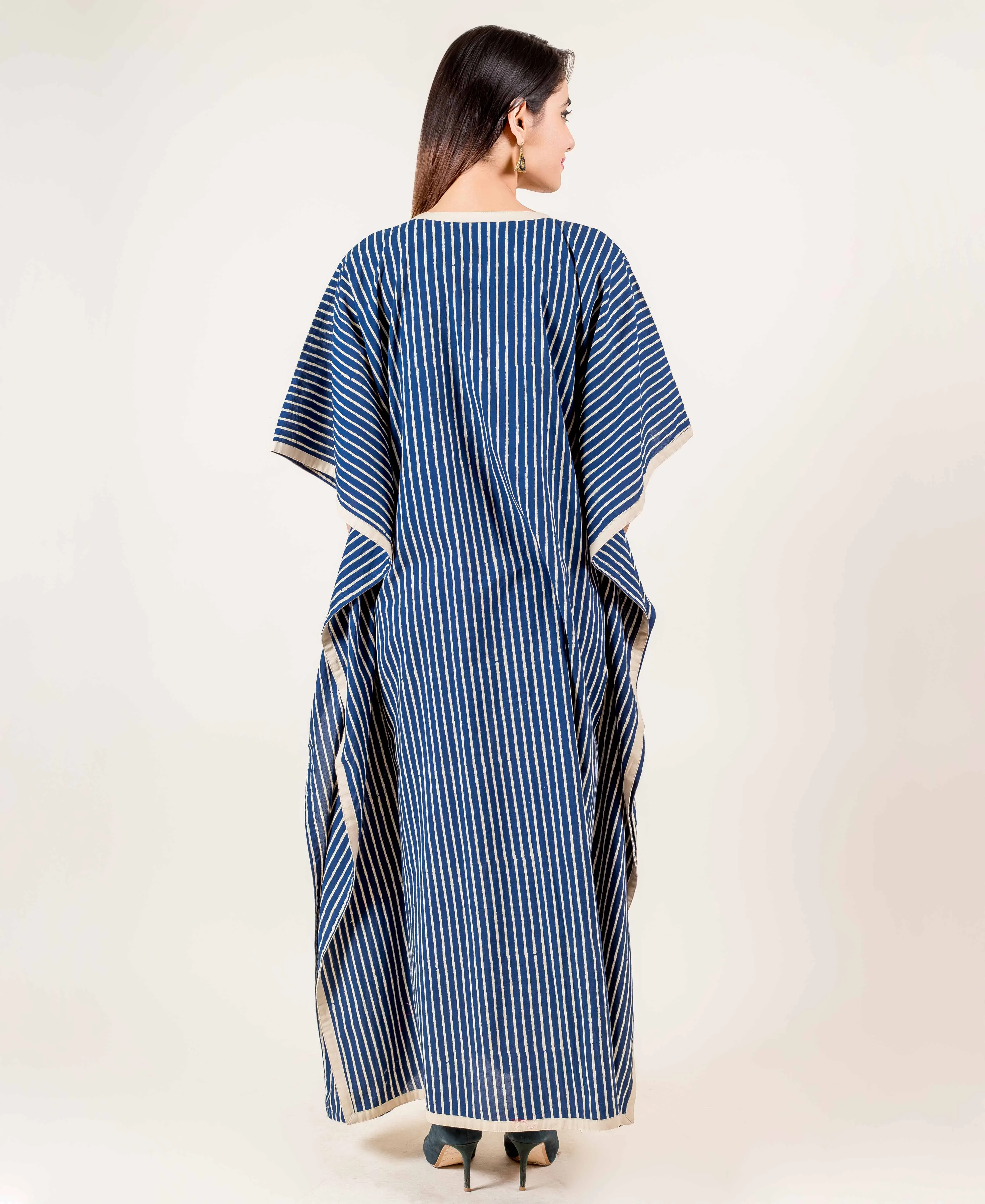 Striped Blue And Off-White Hand Block Printed Kaftan