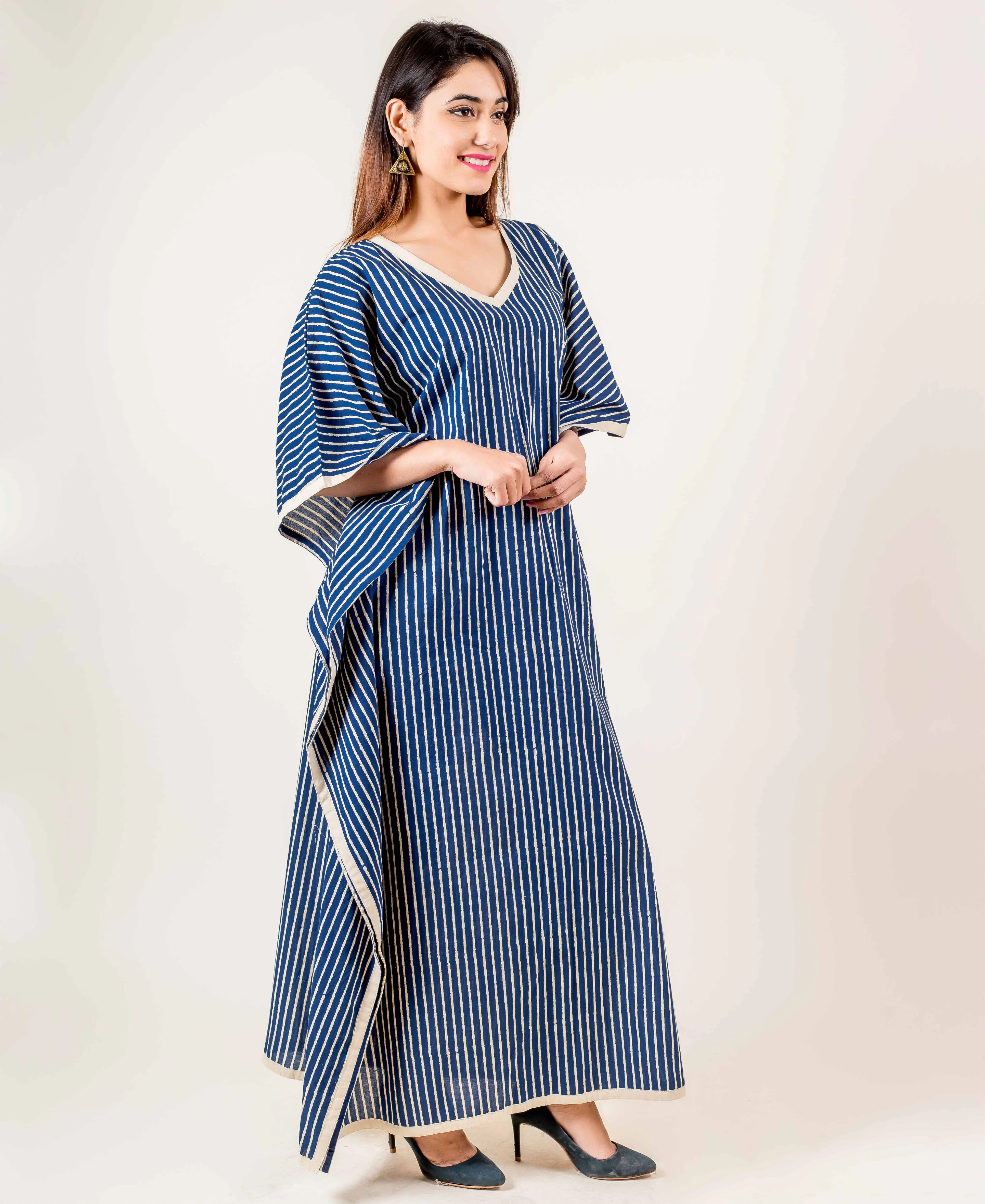 Striped Blue And Off-White Hand Block Printed Kaftan