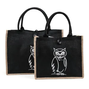 Summer Flamingo Owl Linen Tote Large Bag, Black