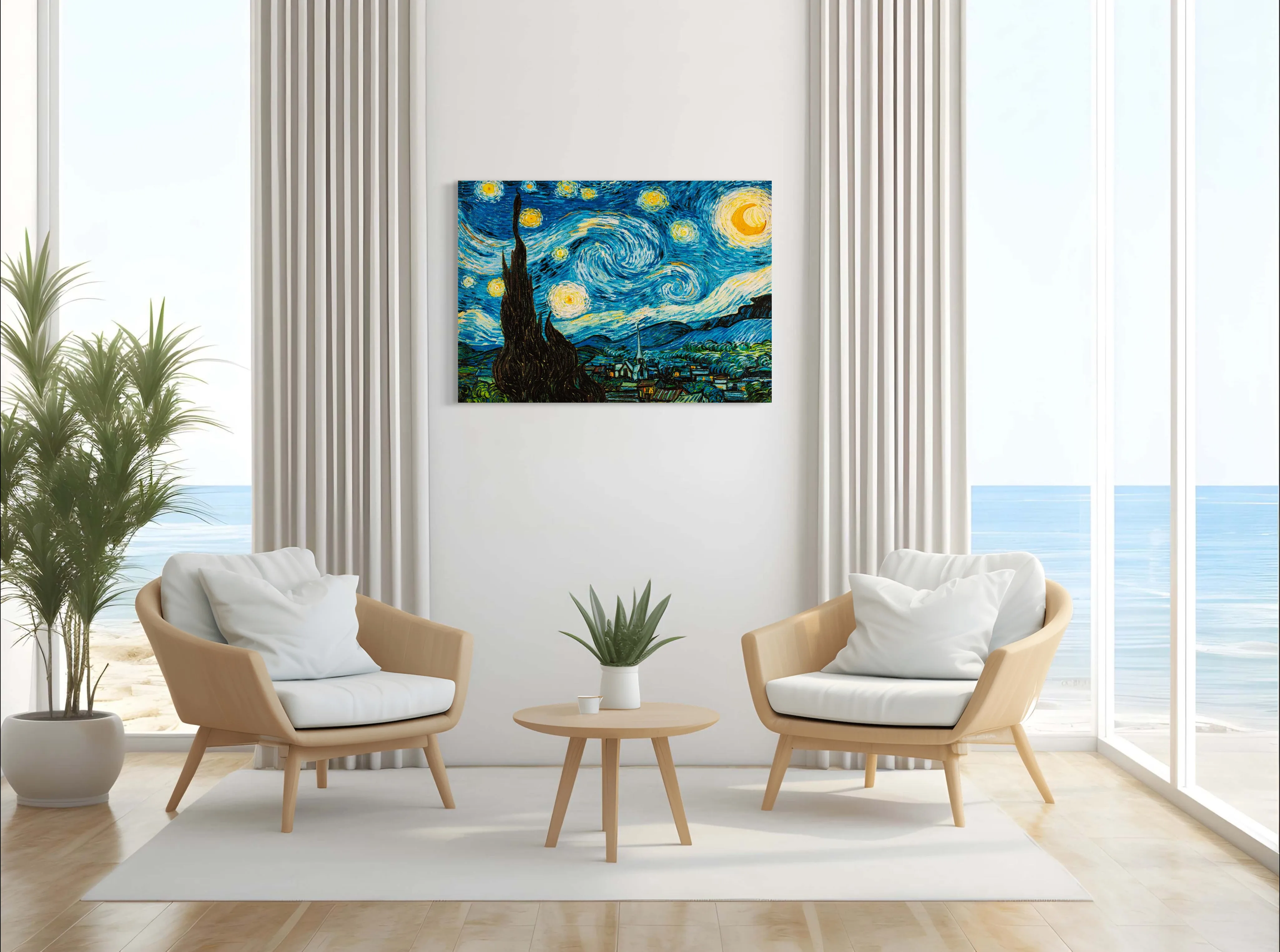 Swirling Starry Night - Painted by Vincent Van-Gogh - Circa. 1888. High Quality Polyester Cotton Canvas Print. Rolled Canvas Available in 3 Sizes - Small, Medium, or Large. Stretched Canvas Option Available in One (1) Large Size - 70cm x 100cm.