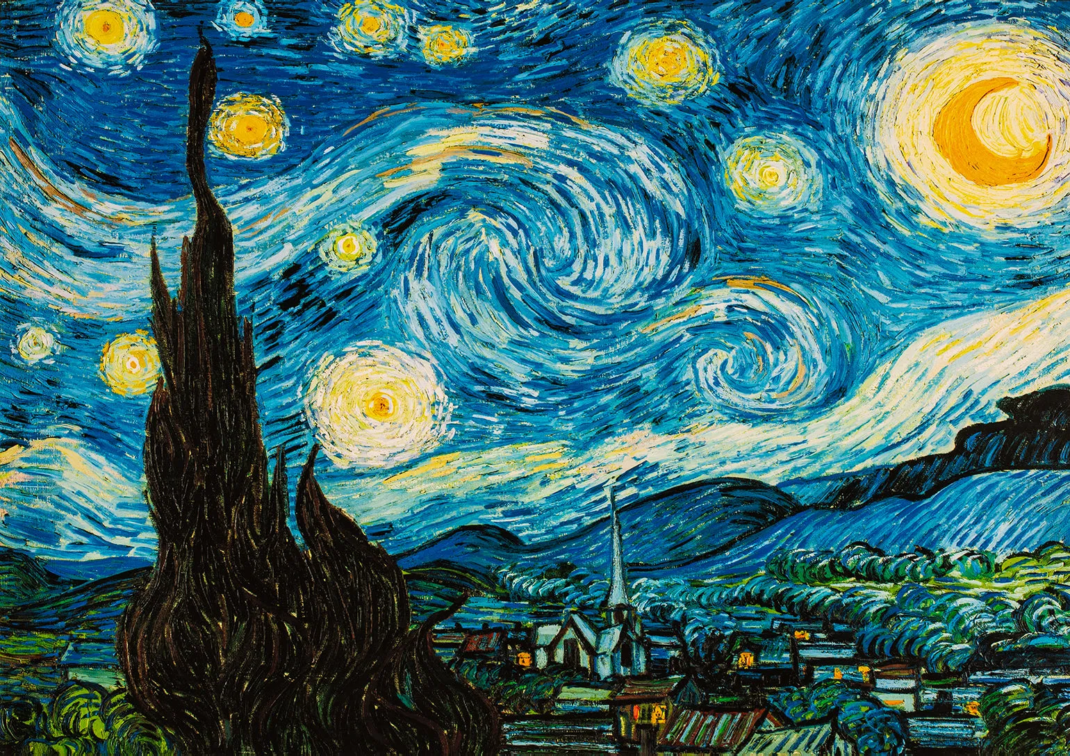 Swirling Starry Night - Painted by Vincent Van-Gogh - Circa. 1888. High Quality Polyester Cotton Canvas Print. Rolled Canvas Available in 3 Sizes - Small, Medium, or Large. Stretched Canvas Option Available in One (1) Large Size - 70cm x 100cm.