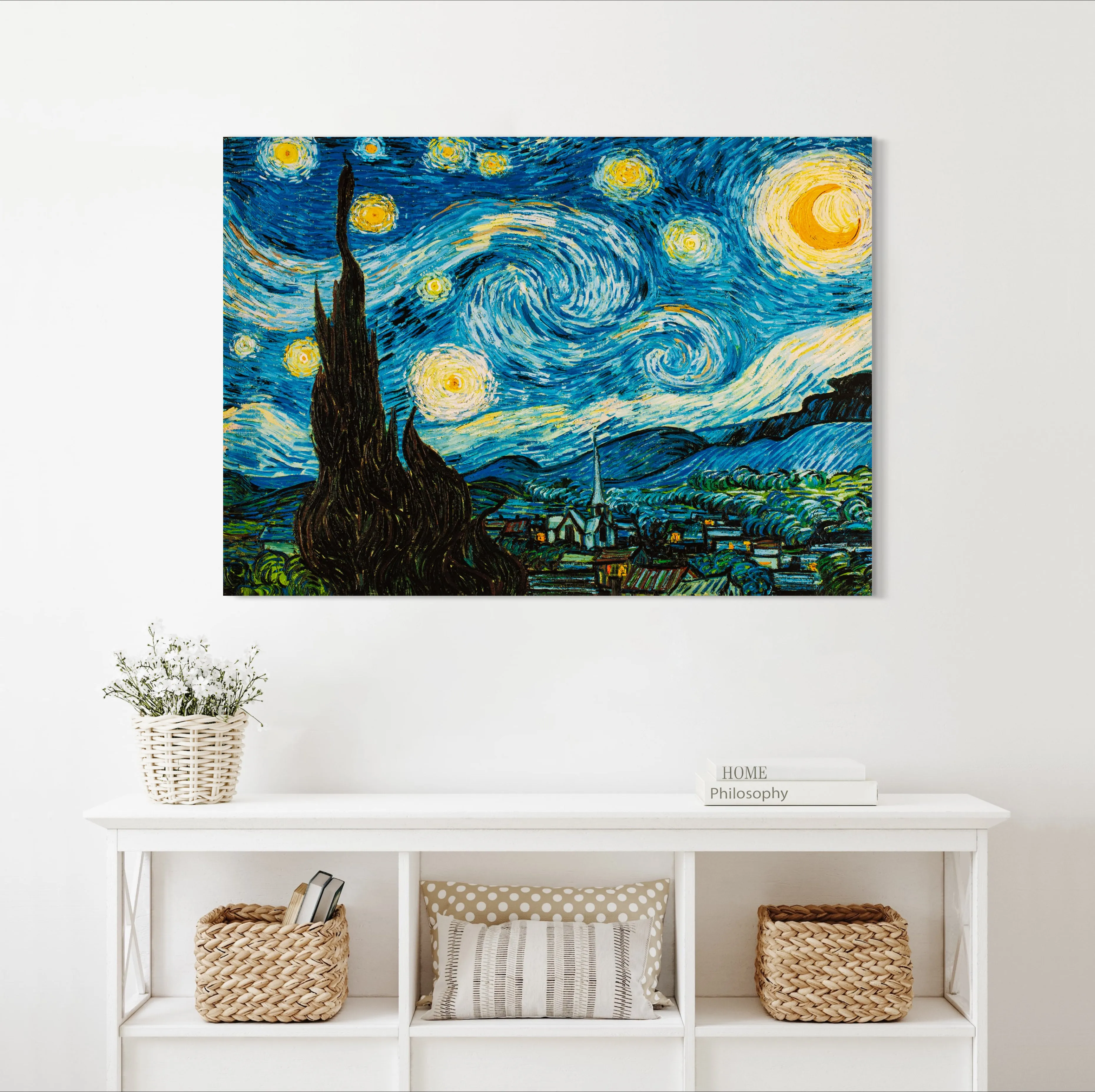 Swirling Starry Night - Painted by Vincent Van-Gogh - Circa. 1888. High Quality Polyester Cotton Canvas Print. Rolled Canvas Available in 3 Sizes - Small, Medium, or Large. Stretched Canvas Option Available in One (1) Large Size - 70cm x 100cm.