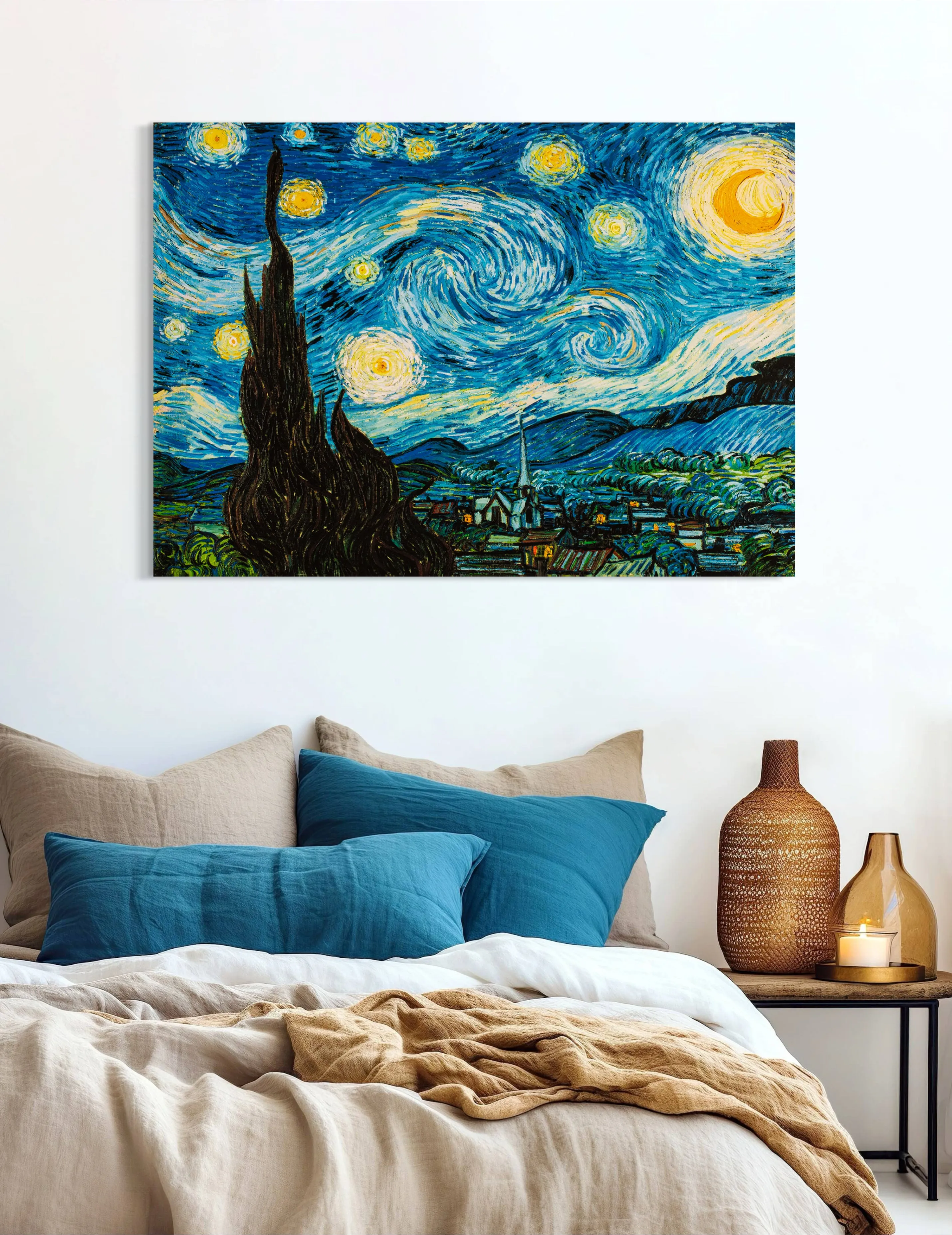 Swirling Starry Night - Painted by Vincent Van-Gogh - Circa. 1888. High Quality Polyester Cotton Canvas Print. Rolled Canvas Available in 3 Sizes - Small, Medium, or Large. Stretched Canvas Option Available in One (1) Large Size - 70cm x 100cm.