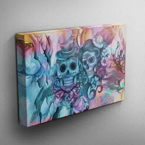 Teal and Purple Pencil Sketch Sugar Skull Couple Gallery Wrapped Canvas